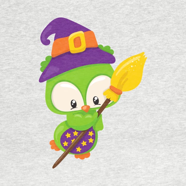 Halloween Owl, Cute Owl, Green Owl, Witch Broom by Jelena Dunčević